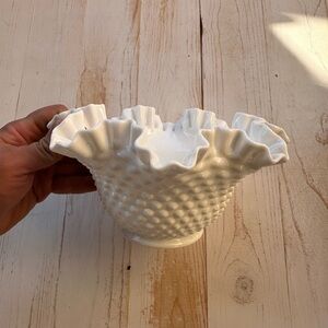 Vintage Fenton Hobnail Milk Glass Bowl w/ Ruffled Edges